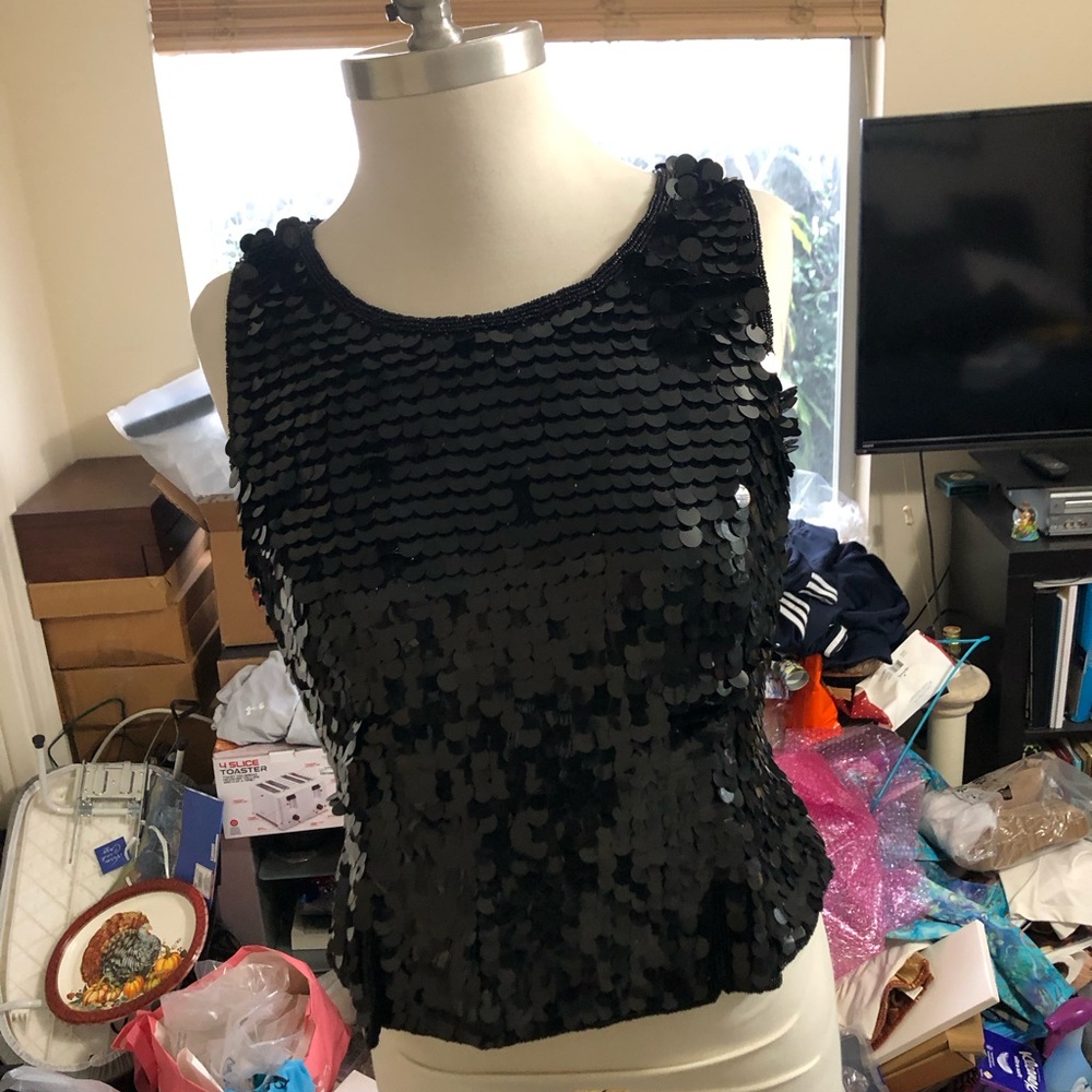 Chaudry Womens Black Sequined Zippered Sleeveless Blouse. Size M